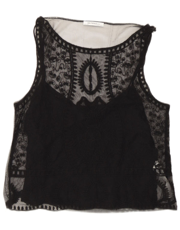 Zara Dame Trafaluc ærmeløs bluse Top UK 14 Large Black Floral