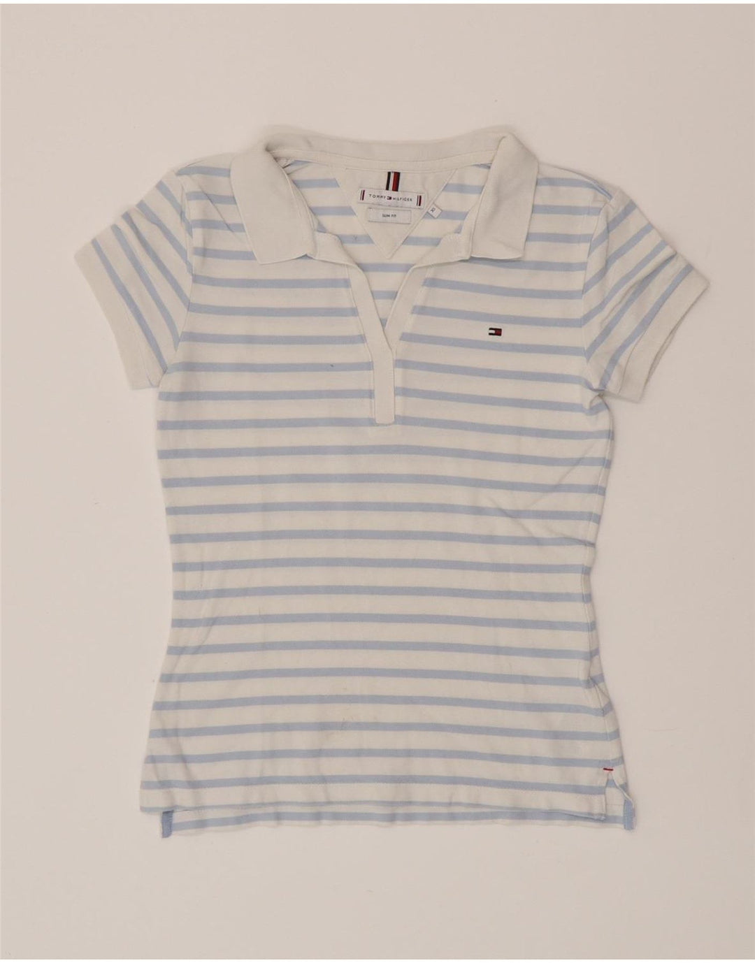 TOMMY HILFIGER Dame Slim Fit Polo Shirt UK 6 XS blå stribet bomuld