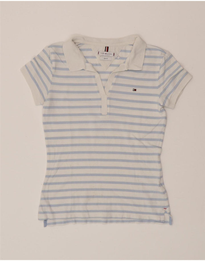 TOMMY HILFIGER Dame Slim Fit Polo Shirt UK 6 XS blå stribet bomuld