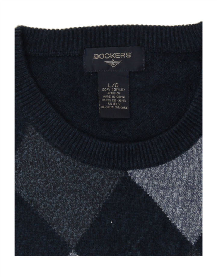 DOCKERS Mens Crew Neck Jumper Sweater Large Navy Blue Argyle/Diamond Vintage Dockers and Second-Hand Dockers from Messina Hembry 
