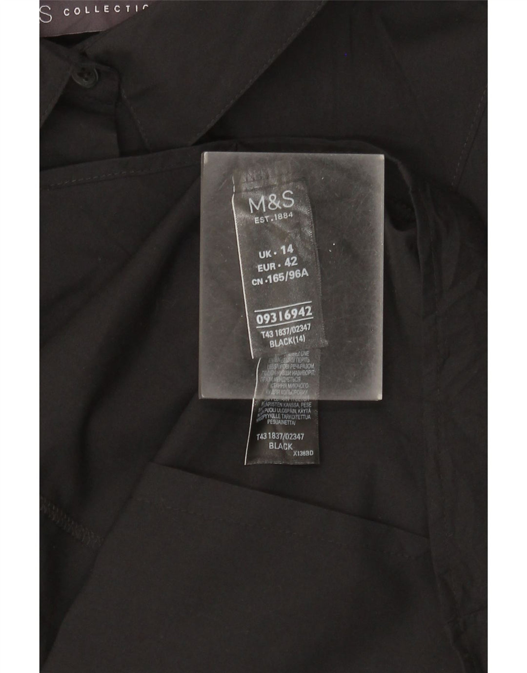MARKS & SPENCER skjorte med 3/4 ærmer til kvinder UK 14 Stor sort bomuld