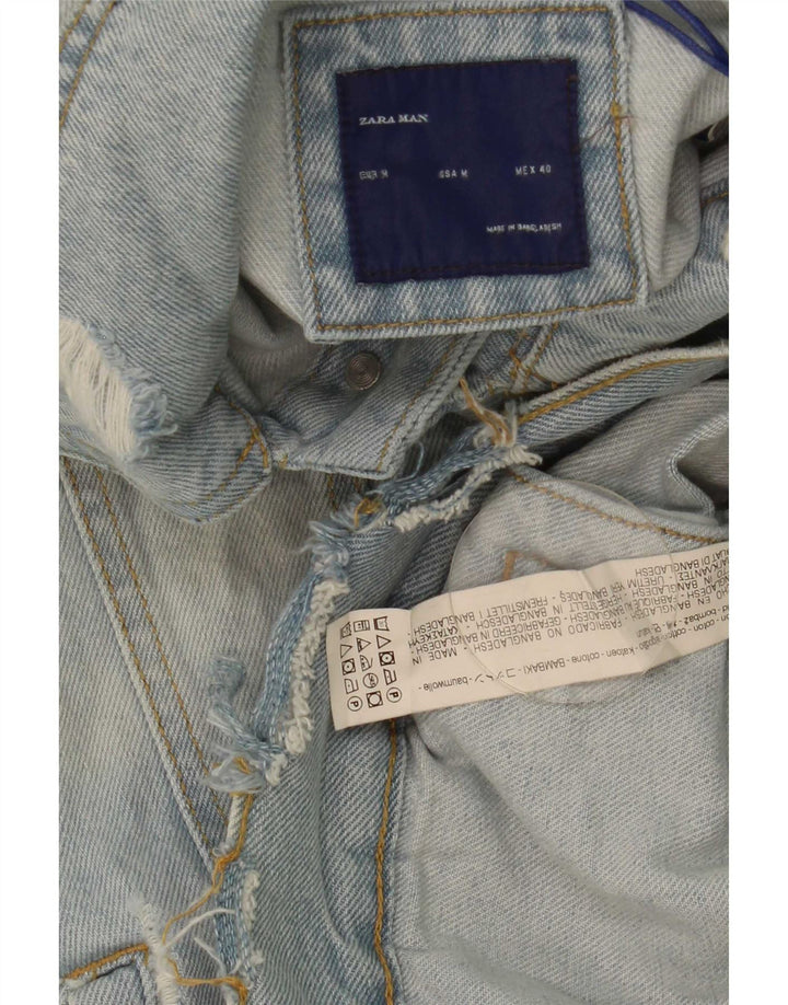 Zara Herre Distressed Denim Gilet UK 38 Medium Blue Cotton