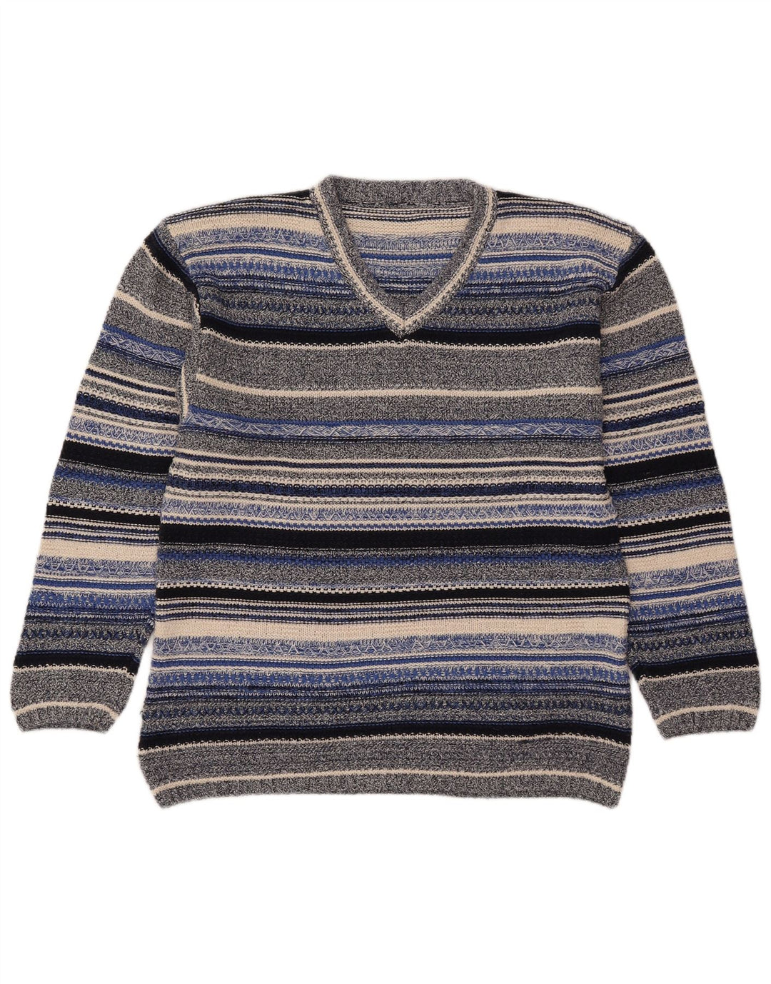 Vintage Dame V-hals Jumper Sweater UK 14 Medium Flerfarvet Stribet