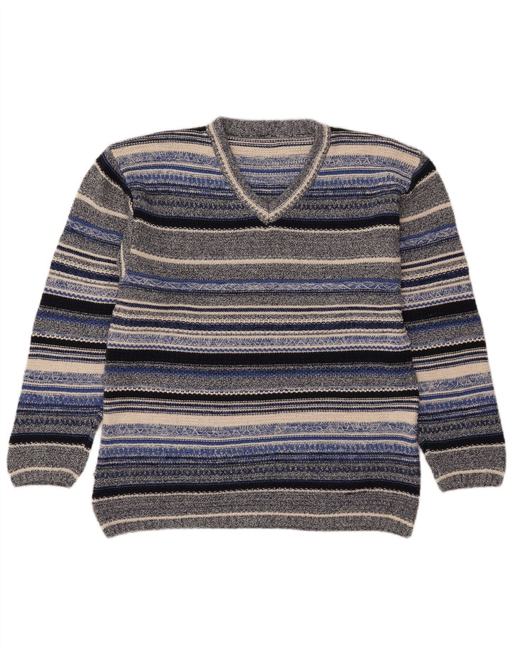 Vintage Dame V-hals Jumper Sweater UK 14 Medium Flerfarvet Stribet