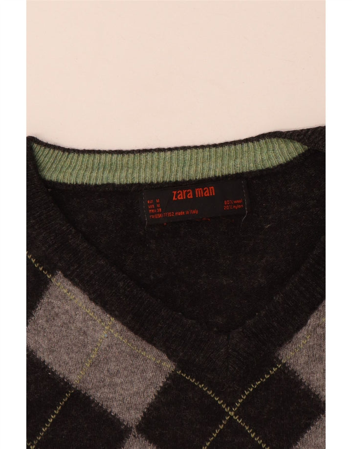 ZARA Herre V-hals sweater Medium Grey Argyle/Diamond Wool