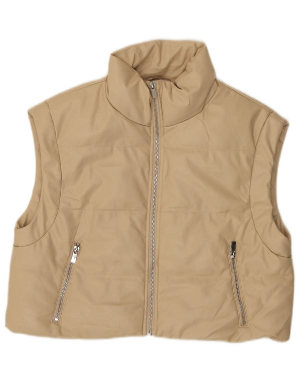 Zara Womens Crop Loose Fit Faux Leather Polstret Gilet UK 10 Small Beige