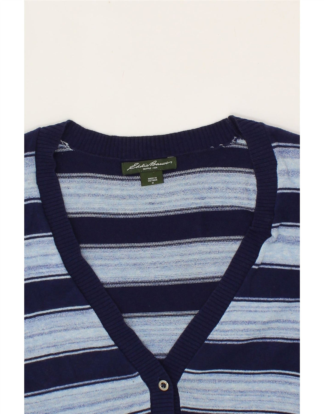 EDDIE BAUER Womens Short Sleeve Cardigan Sweater UK 12 Medium Blue Striped Vintage Eddie Bauer and Second-Hand Eddie Bauer from Messina Hembry 