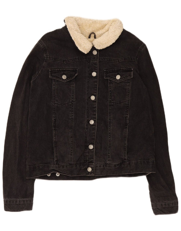 Topshop Dame Denim Sherpa Jacket UK 16 Stor Sort Bomuld