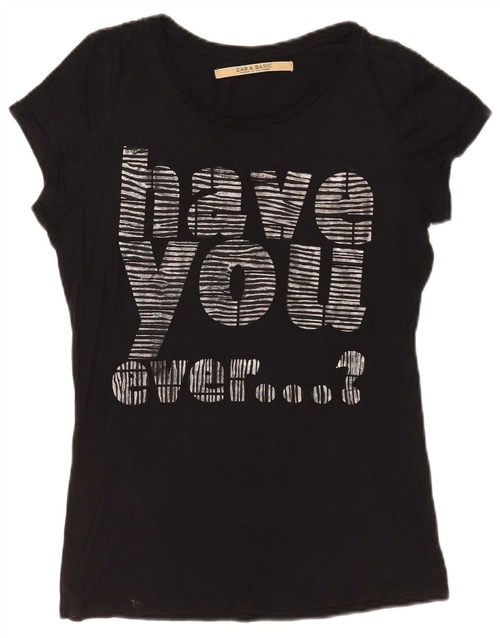 Zara Grafisk T-Shirt Top UK 12 Medium Sort