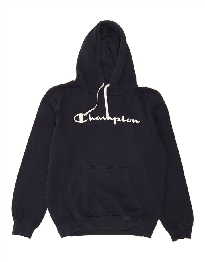 CHAMPION Mens Graphic Hoodie Jumper Medium Navy Blue Cotton Vintage Champion and Second-Hand Champion from Messina Hembry 