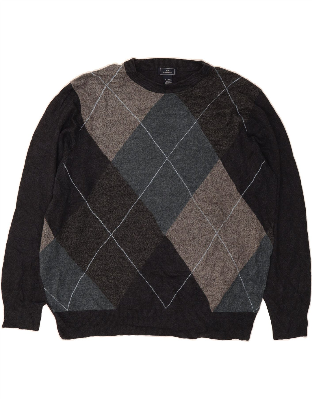 DOCKERS Mens Crew Neck Jumper Sweater XL Black Argyle/Diamond Acrylic Vintage Dockers and Second-Hand Dockers from Messina Hembry 