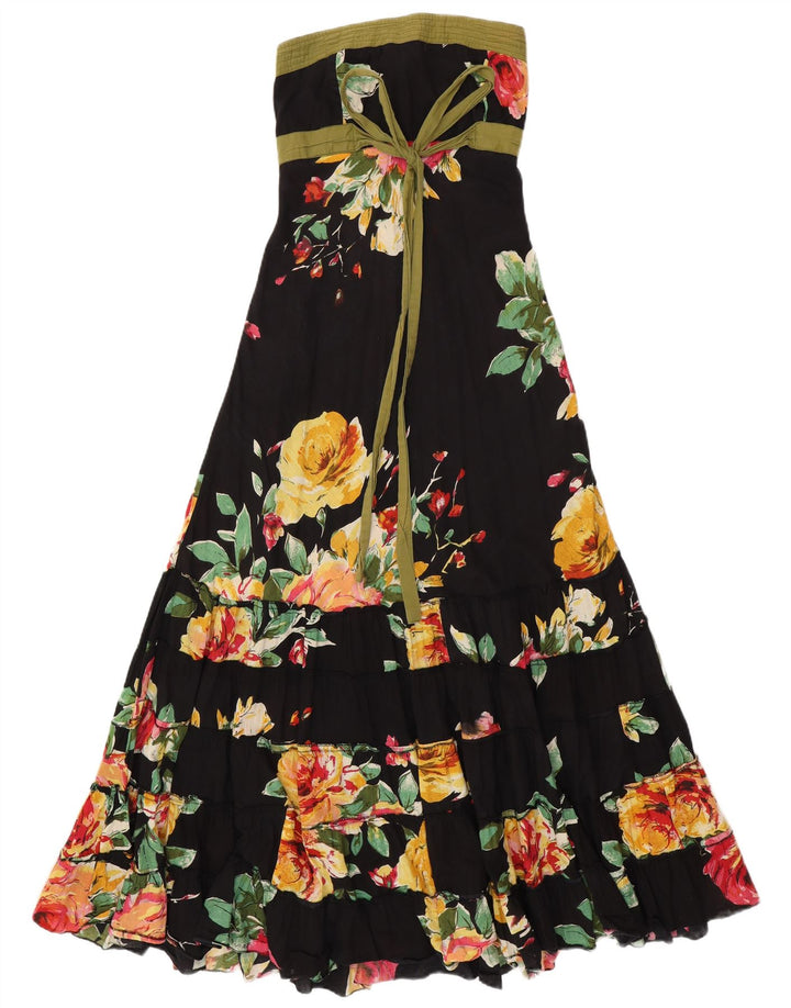 VINTAGE Dame Maxi Stropløs Kjole UK 14 Medium Black Floral Bomuld
