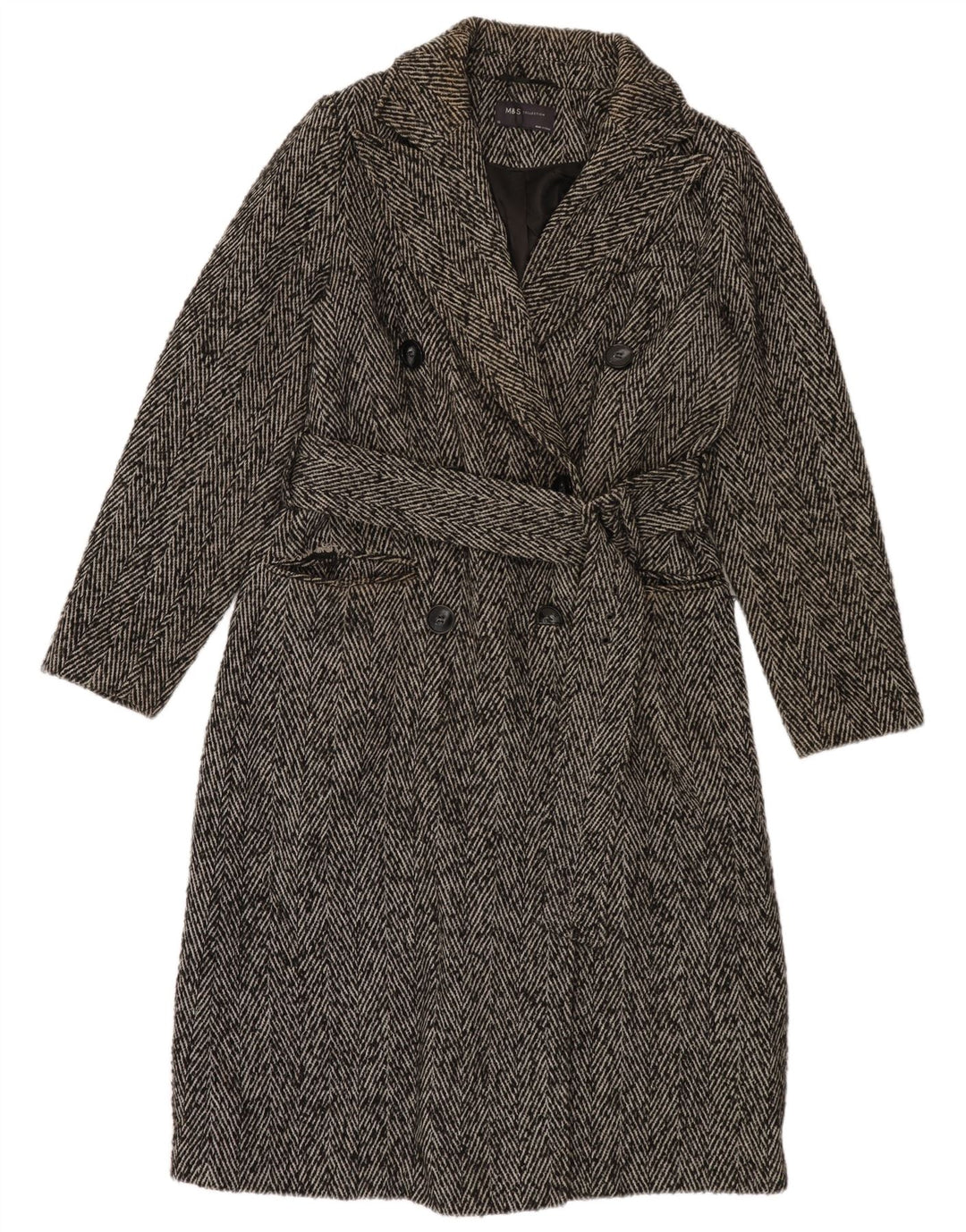 Marks & Spencer Dame Dobbeltradet Frakke UK 10 Small Grey Herringbone