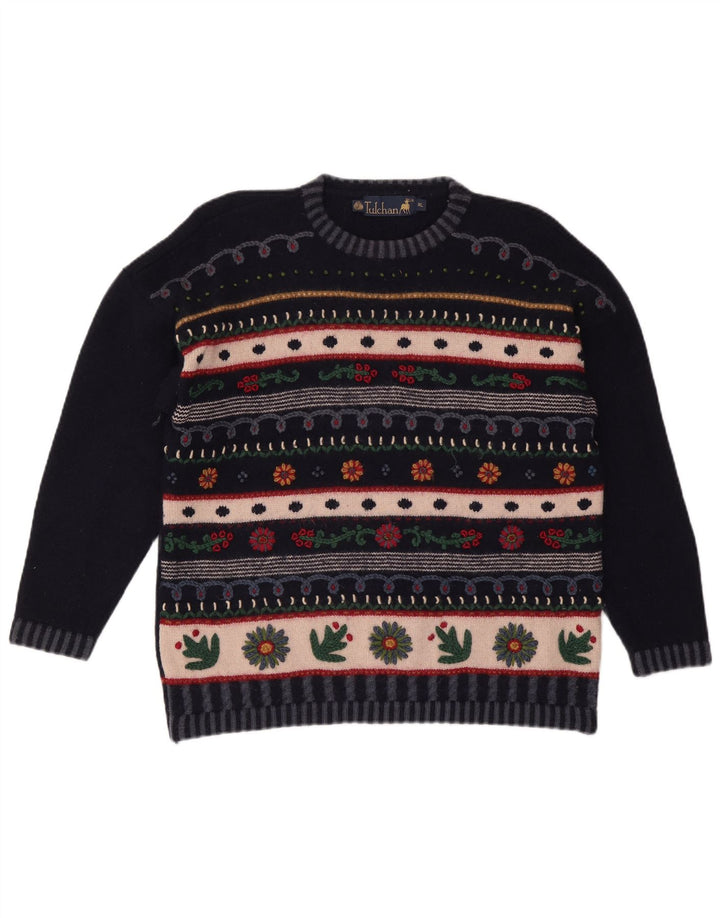 TULCHAN sweater med rund hals til kvinder UK 18 XL Marineblå Fair Isle Wool