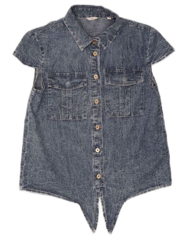 Guess Kvinder grafisk kortærmet denimskjorte UK 14 Medium Blue Cotton