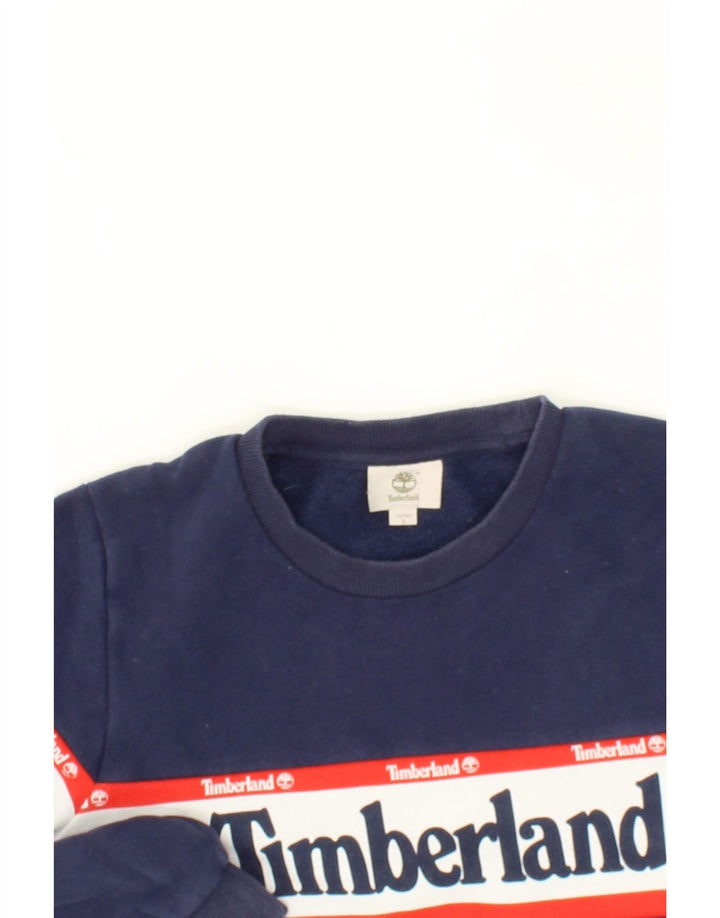 TIMBERLAND Boys Graphic Sweatshirt Jumper 13-14 Years Small  Navy Blue Vintage Timberland and Second-Hand Timberland from Messina Hembry 