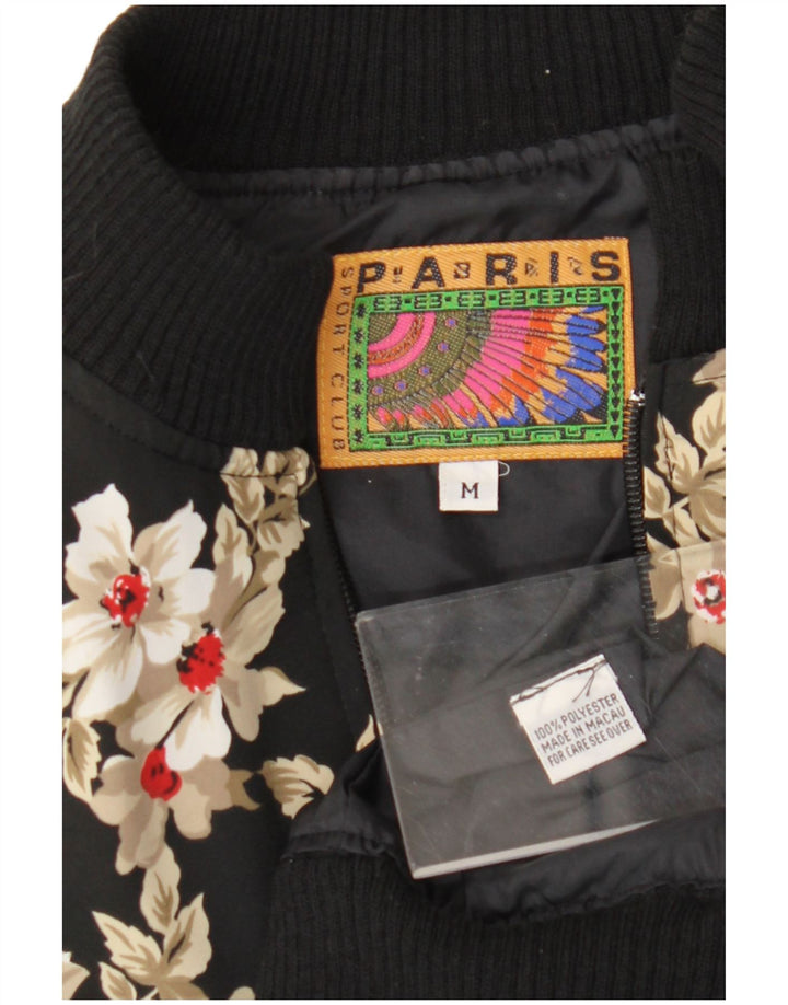 Vintage Dame Loose Fit Bomber Jacket UK 14 Medium Black Floral Polyester