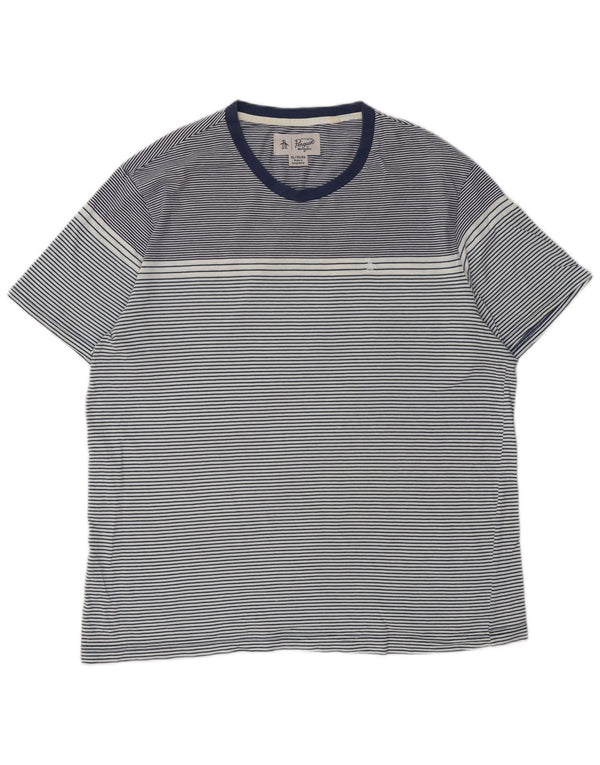 PENGUIN Mens Tall T-Shirt Top XL Navy Blue Striped Cotton