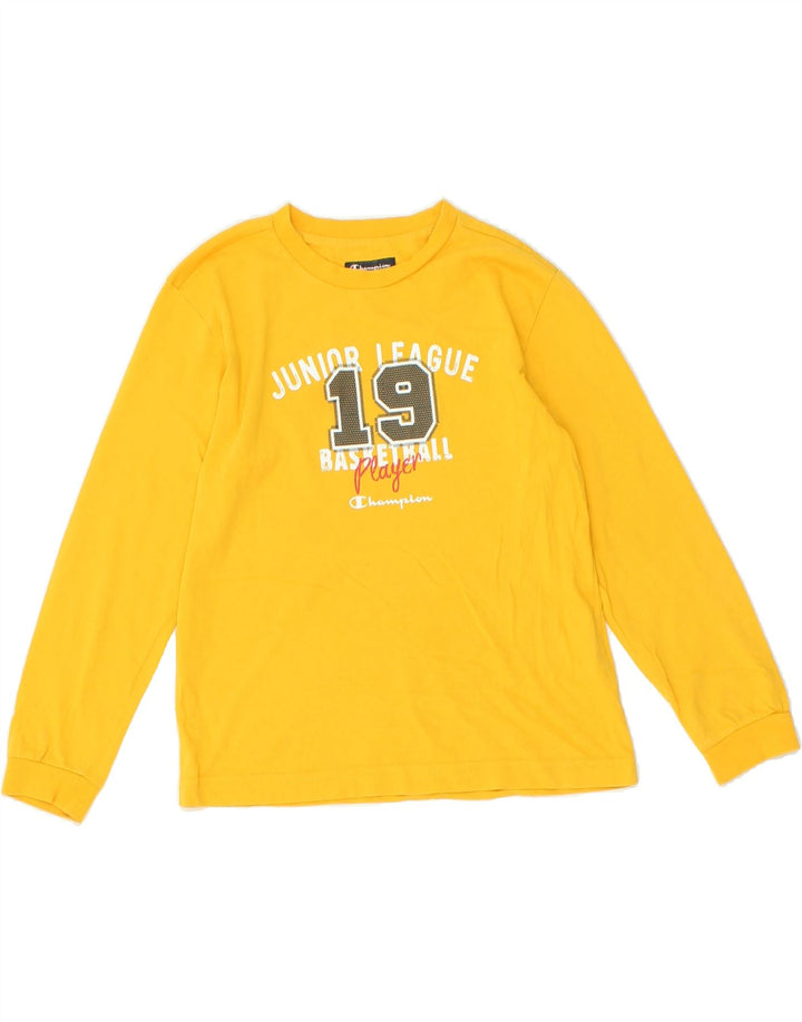 CHAMPION Boys Basketball Graphic Top Long Sleeve 9-10 Years Medium Yellow Vintage Champion and Second-Hand Champion from Messina Hembry 