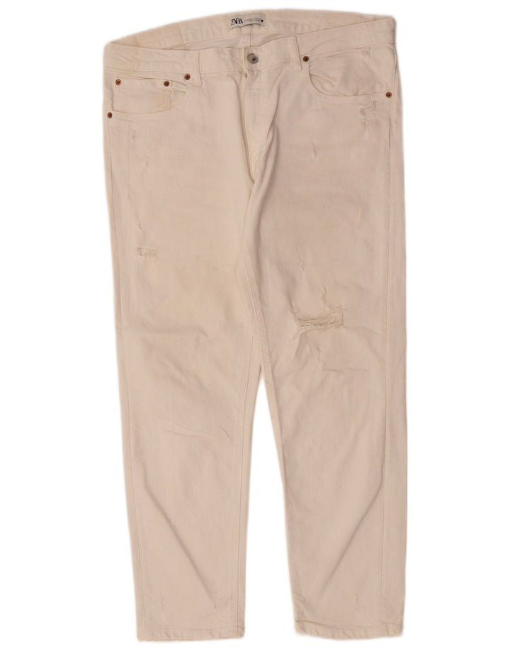 Zara Dame Distressed Straight Jeans EU 44 XL W34 L28 Hvid