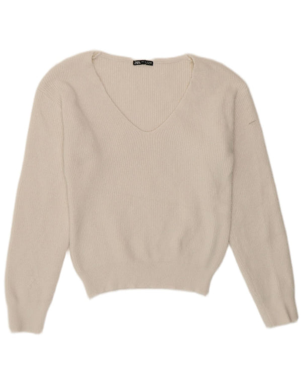 Zara Dame V-hals sweater UK 10 Small White Polyester