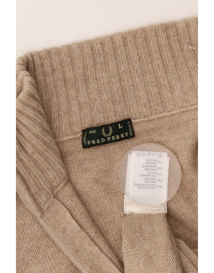 Fred Perry Dame Cardigan Sweater UK 14 Stor Beige Merino Uld