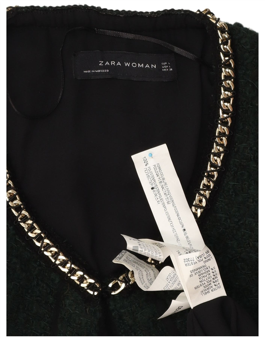 Zara Dame Overfrakke UK 16 Large Grøn Akryl