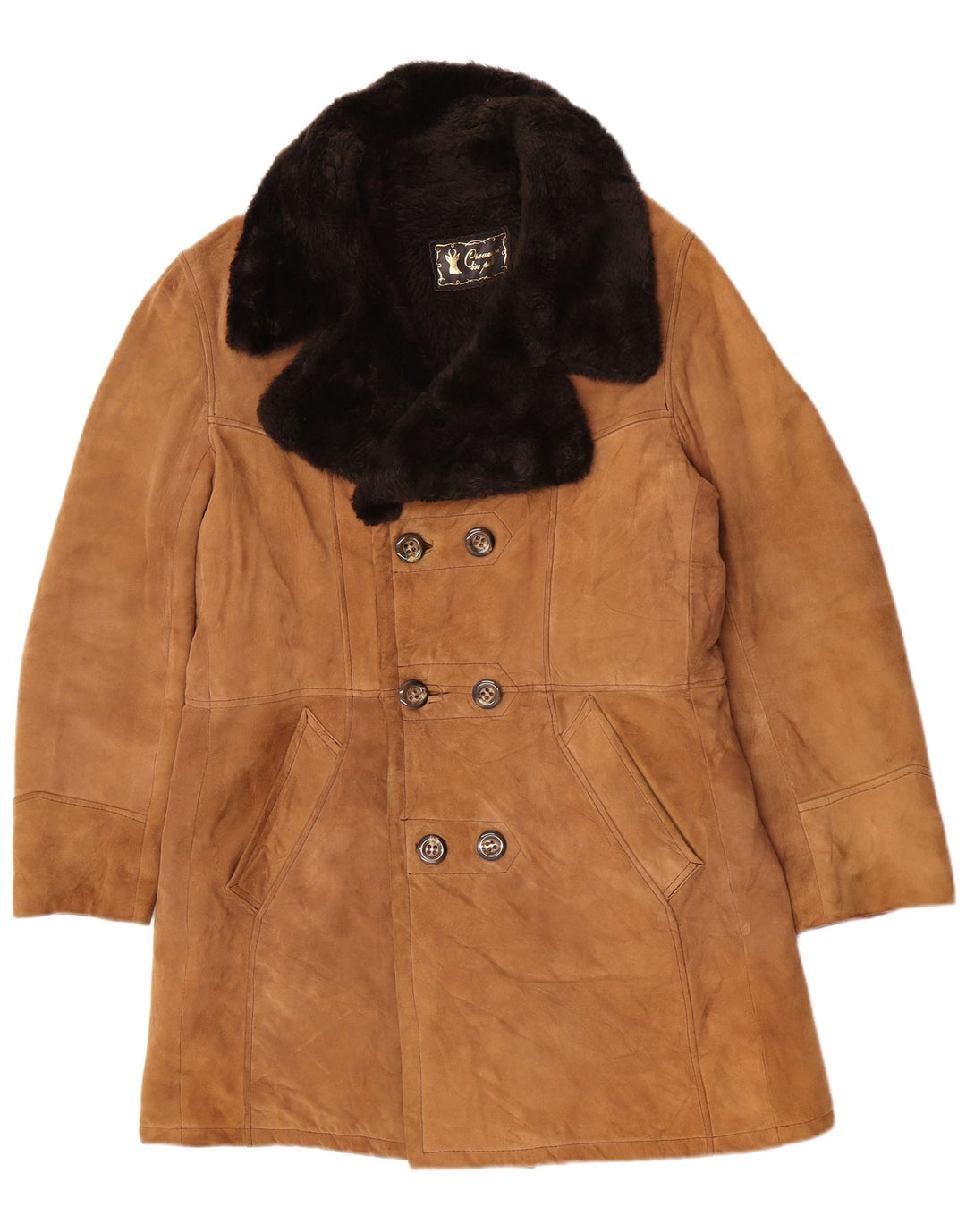 Vintage Herre Shearling Dobbeltradet frakke UK 36 lille brunt læder