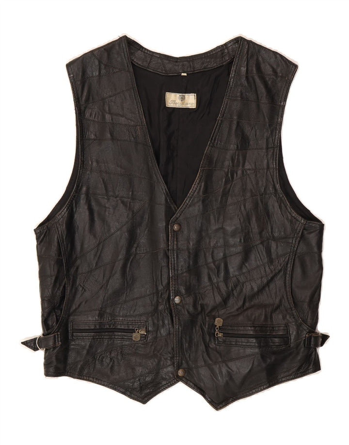 VINTAGE Mens Leather Waistcoat Large Black Vintage Vintage and Second-Hand Vintage from Messina Hembry 