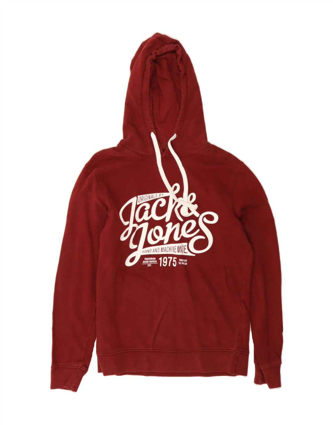 JACK & JONES Mens Graphic Hoodie Jumper Small Red Cotton Vintage Jack & Jones and Second-Hand Jack & Jones from Messina Hembry 