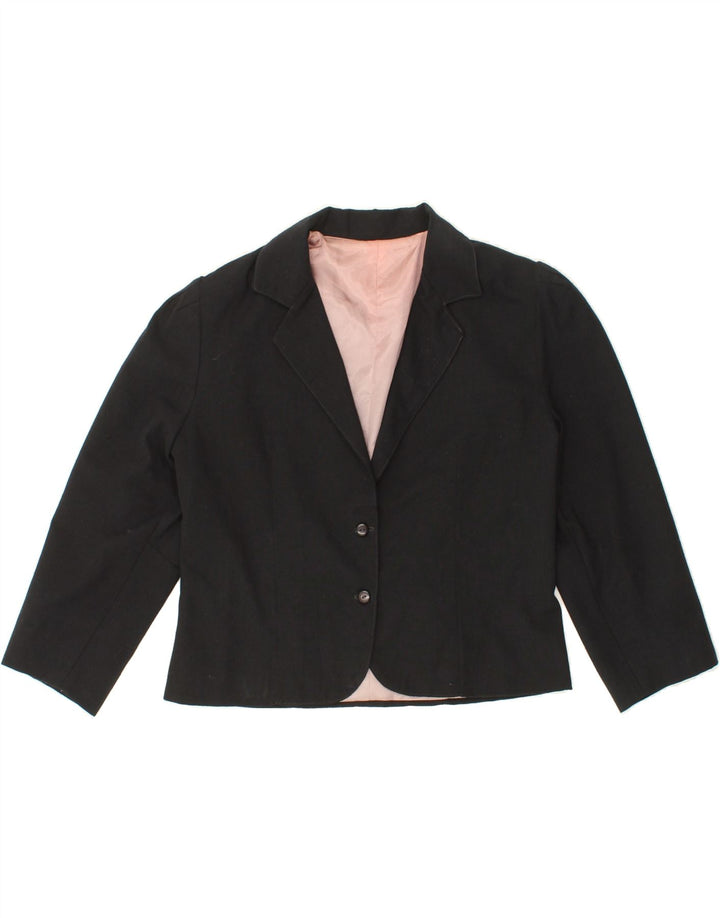 VINTAGE Womens 2 Button Blazer Jacket UK 12 Medium Black Cotton Vintage Vintage and Second-Hand Vintage from Messina Hembry 