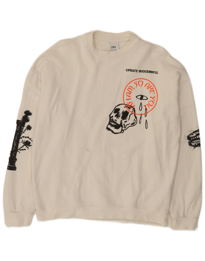 Zara Herre Grafisk Sweatshirt Jumper Lille Hvid Bomuld