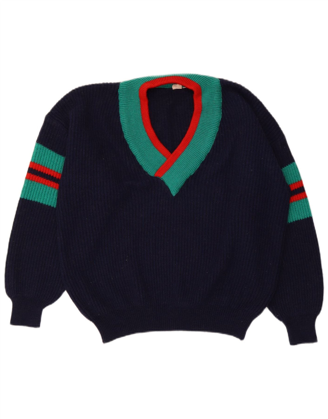 VINTAGE Dame Crop V-hals sweater IT 48/50 XL Marineblå Stribet