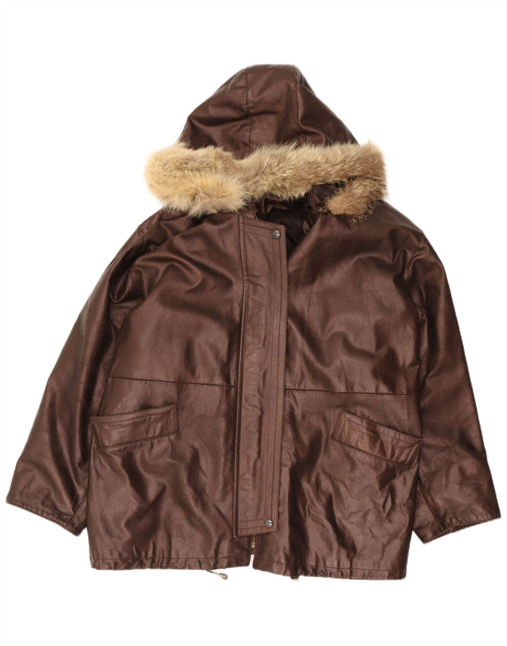 Vintage oversize læderjakke med hætte til kvinder IT 48 XL Brun