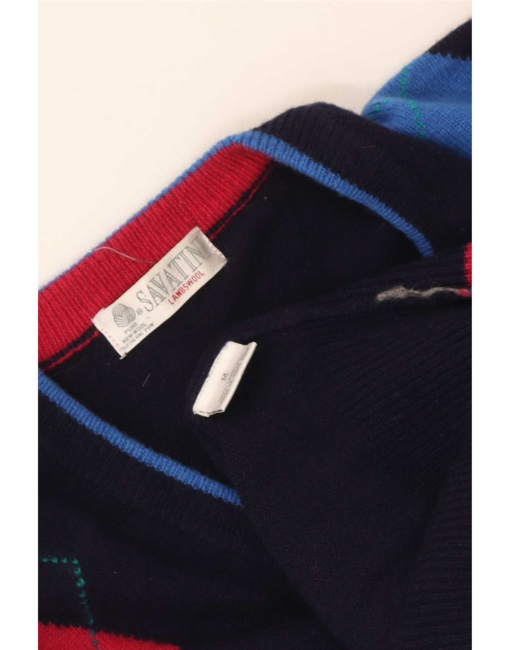 Vintage Herre V-hals sweater Medium Navy Blue Argyle/Diamond