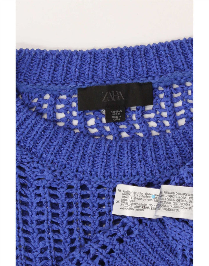 Zara Dame Oversized Se Through Knit Crop Top UK 10 Small Blue Cotton