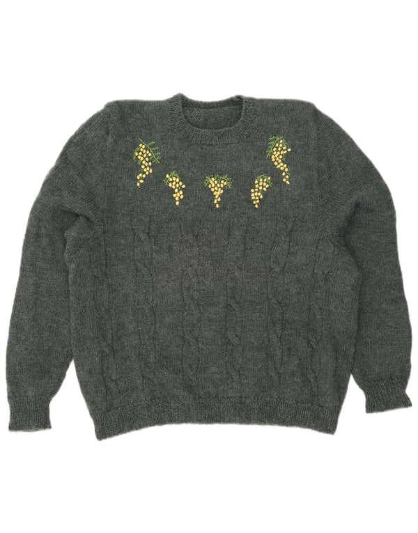 Vintage kvinders grafisk rund hals sweater UK 18 XL Grøn blomster