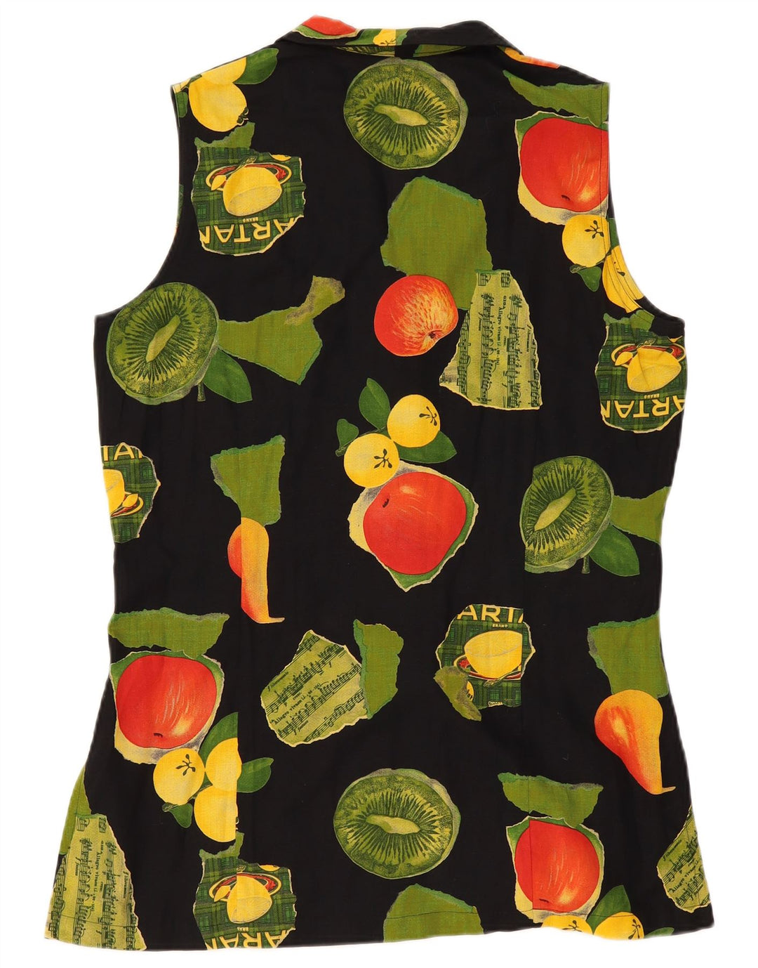 Vintage kvinders abstrakt mønster ærmeløs skjortebluse UK 14 Large Black