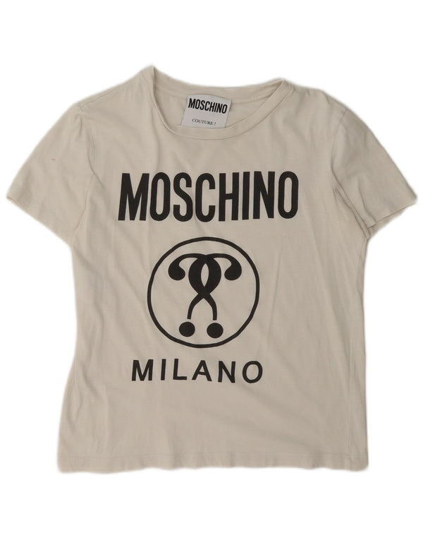 Moschino Dame Milano Grafisk T-Shirt Top UK 14 Medium Hvid Bomuld