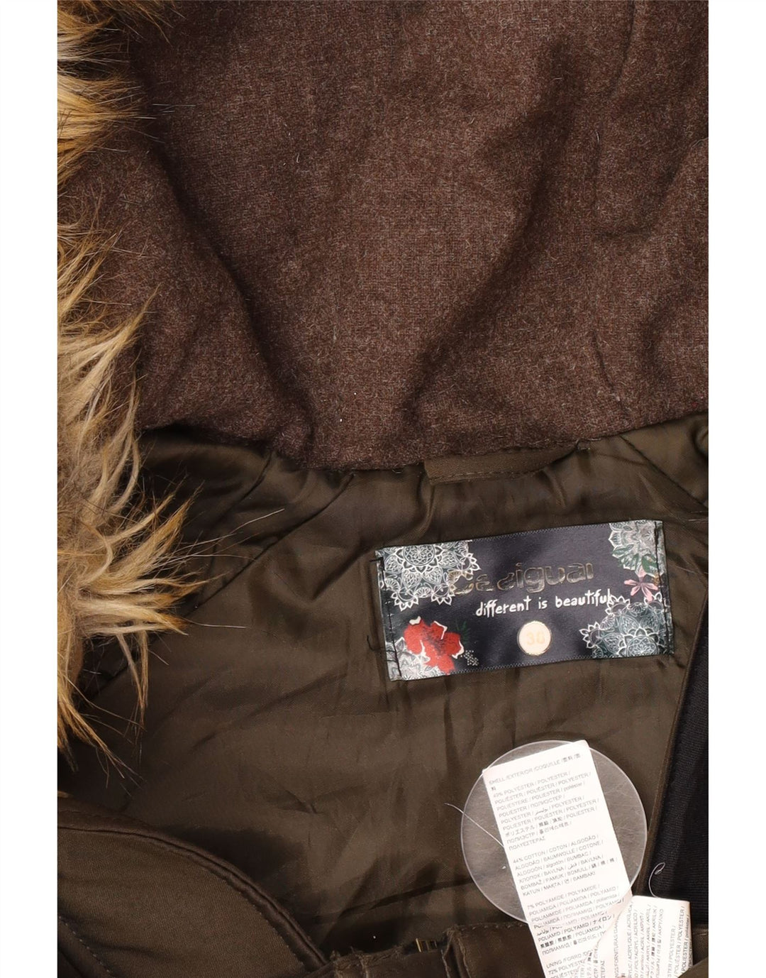 Desigual Dame grafisk hættejakke EU 38 Medium Khaki Bomuld