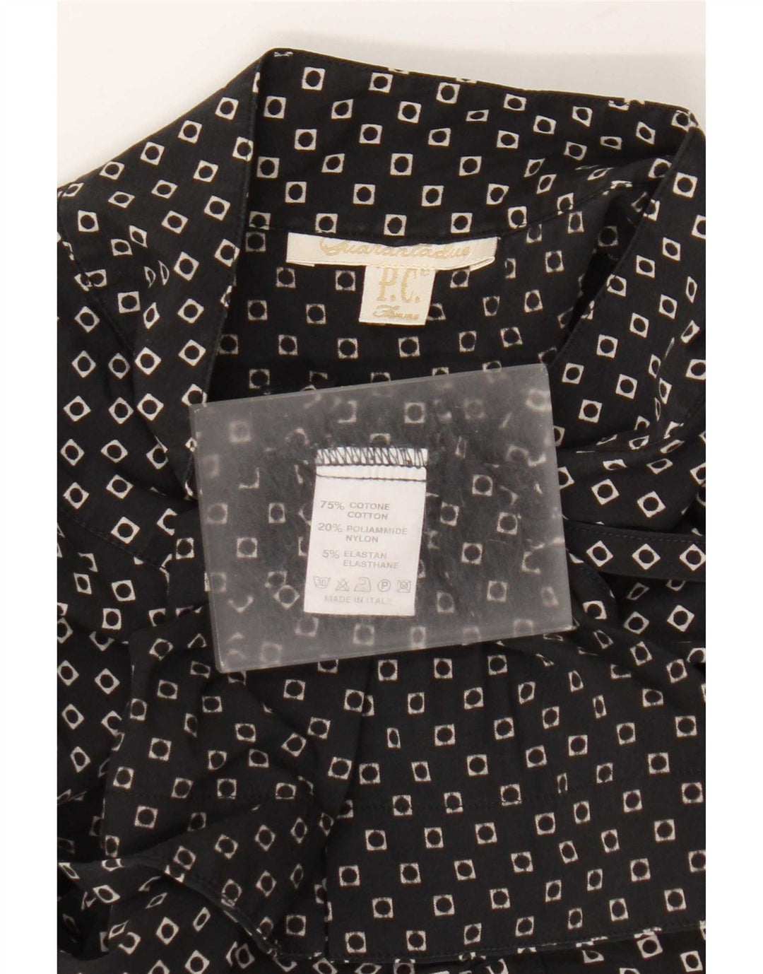 Vintage Dame Langærmet Bluse Top UK 14 Medium Sort Geometrisk Bomuld