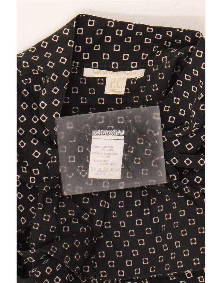Vintage Dame Langærmet Bluse Top UK 14 Medium Sort Geometrisk Bomuld