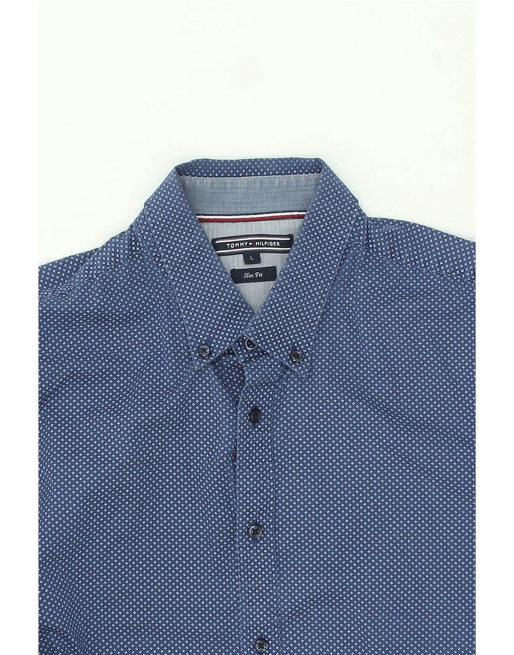 TOMMY HILFIGER Mens Abstract Pattern Slim Fit Shirt Large Blue Spotted Vintage Tommy Hilfiger and Second-Hand Tommy Hilfiger from Messina Hembry 