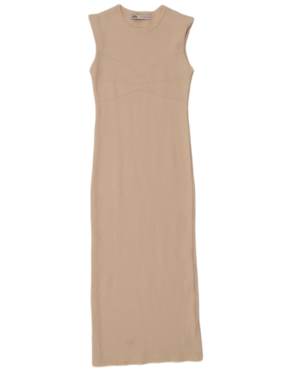Zara Dame Maxi Ærmeløs Bodycon Kjole UK 10 Small Beige Viscose