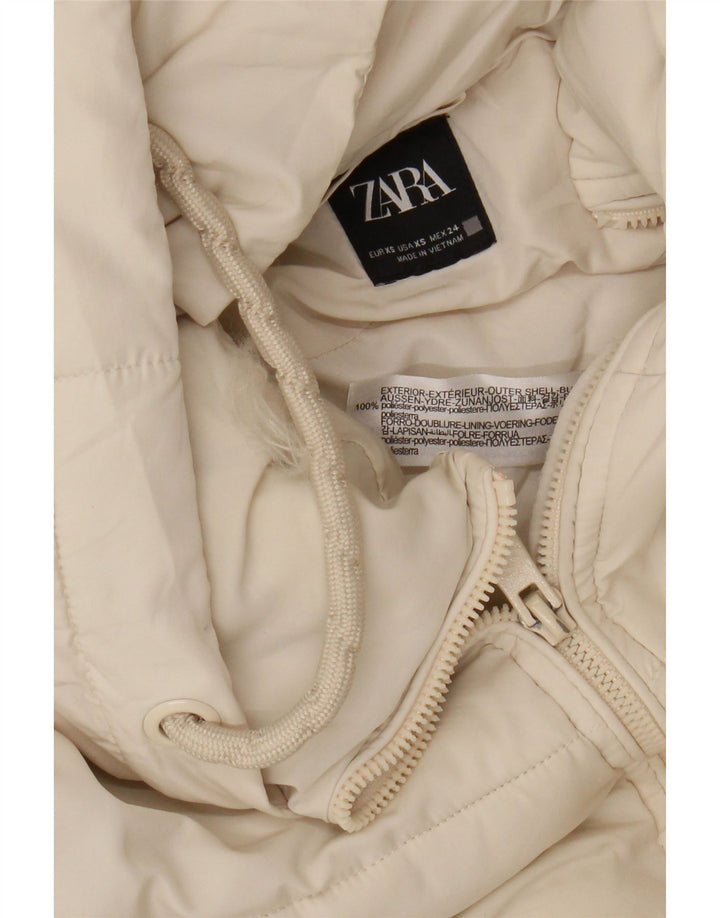 Zara Dame Hætte Oversized Polstret Jakke UK 6 XS Off White Polyester