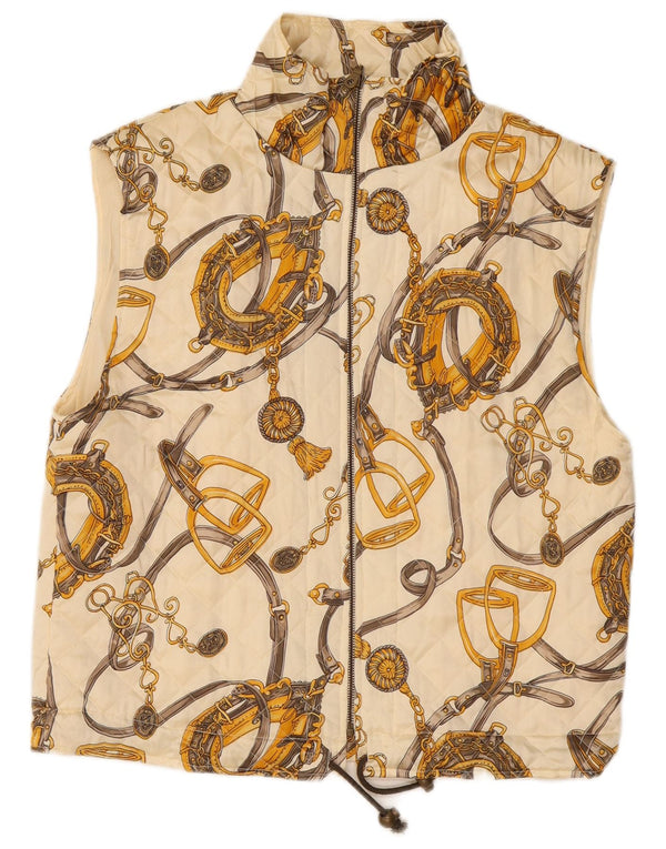 VINTAGE Womens Abstract Pattern Quilted Gilet UK 14 Large Off White Silk