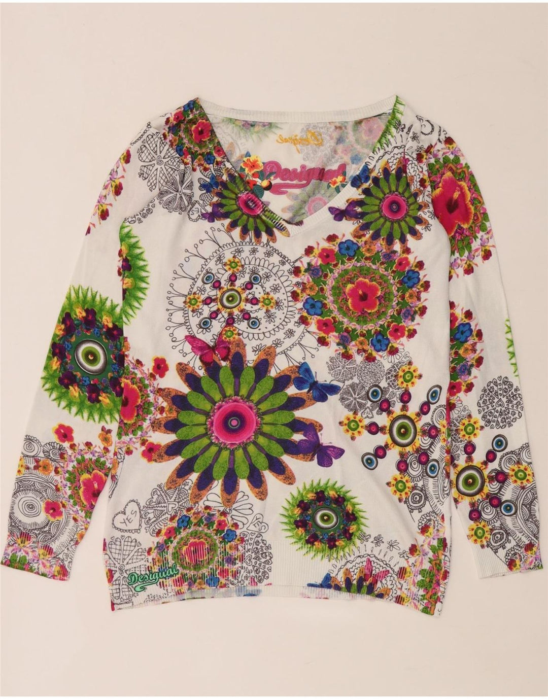 Desigual Dame V-hals Jumper Sweater UK 14 Medium Multicolored Floral