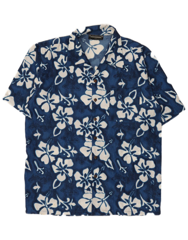 Vintage kortærmet herreskjorte lille blå blomsterpolyester