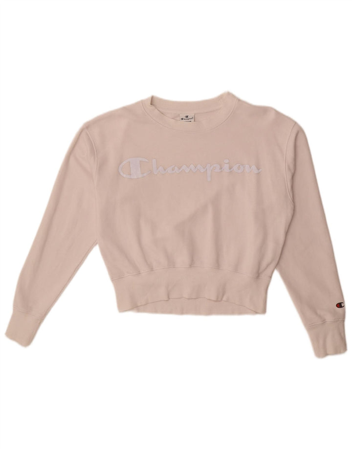 CHAMPION Womens Graphic Sweatshirt Jumper UK 14 Medium Off White Cotton