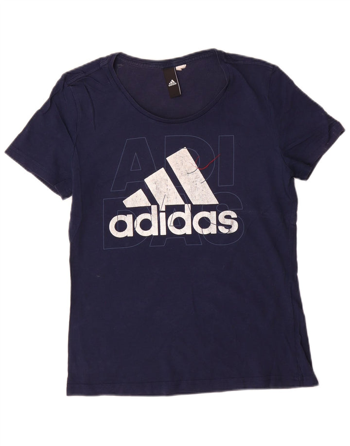 Adidas Dame Grafisk T-Shirt Top UK 12 Medium Navy Blue
